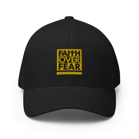 Faith Over Fear, Gold and Black Embroidered Flex Fitted Cap - Christian Hat