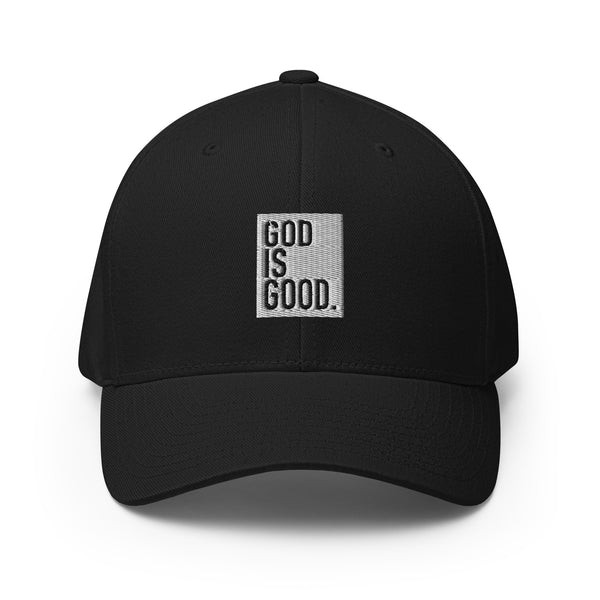 God Is Good, White and Black Embroidered Flex Fitted Cap - Christian Hat