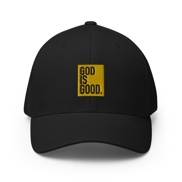 God Is Good, Gold and Black Embroidered Flex Fitted Cap - Christian Hat