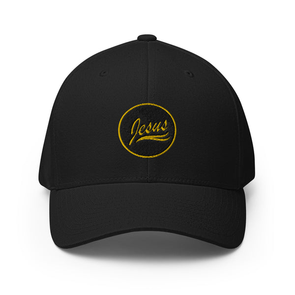 Jesus Circled, Gold and Black Embroidered Flex Fitted Cap - Christian Hat