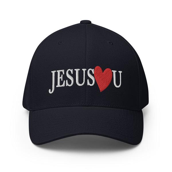 Jesus Love You, White and Red Thread Embroidered flex fitted Cap - Christian Hat