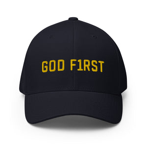 God F1rst (God First) Gold Embroidered Flex Fitted Cap - Christian Hat