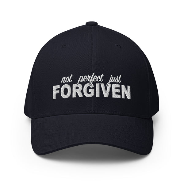 Not Perfect Just Forgiven White Thread Embroidered Flex Fitted Cap - Christian Hat