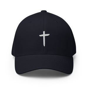 Cross, White Embroidered Flex Fitted Cap - Christian Hat