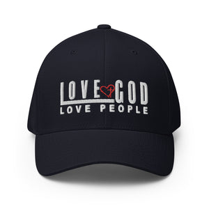 Love God Love People, White and Red Embroidered Flex Fitted Cap - Christian Hat