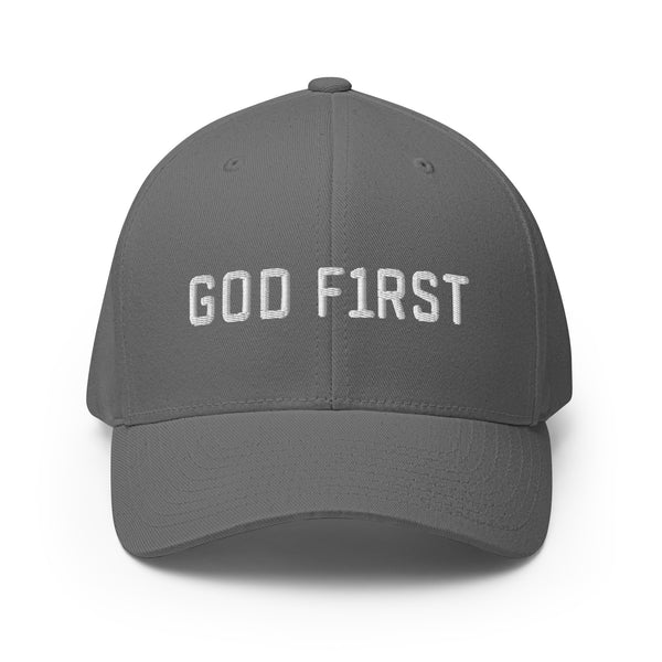God F1rst (God First) White Thread Embroidered Flex Fitted Cap - Christian Hat