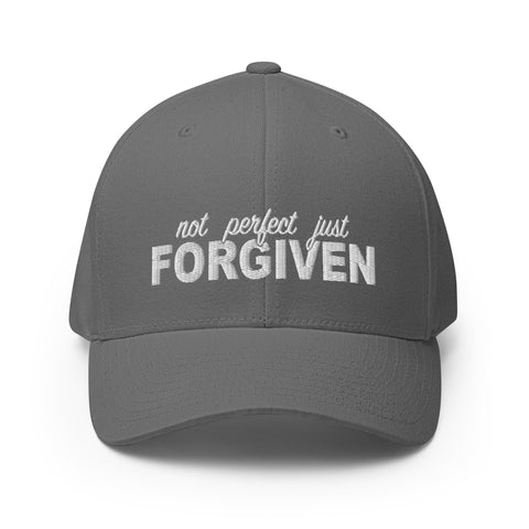 Not Perfect Just Forgiven White Thread Embroidered Flex Fitted Cap - Christian Hat