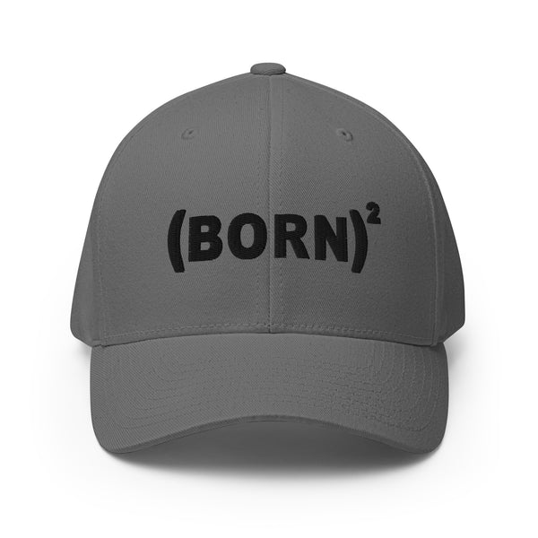 Born Again, Puff Black Embroidered Flex Fitted Cap - Christian Hat