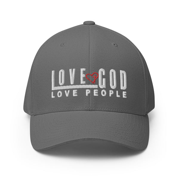 Love God Love People, White and Red Embroidered Flex Fitted Cap - Christian Hat