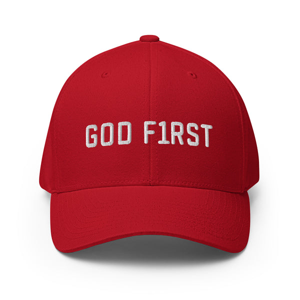 God F1rst (God First) White Thread Embroidered Flex Fitted Cap - Christian Hat