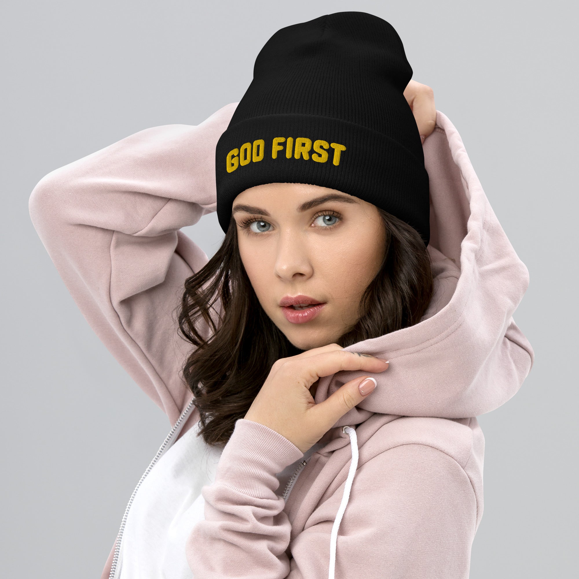 God First 3d Puff Embroidered Cuffed Beanie, Christian Beanie