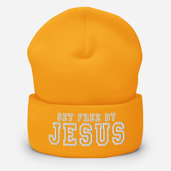 Set Free By Jesus 3 Embroidered Cuffed Beanie, Christian Beanie