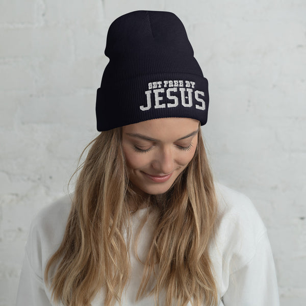 Set Free By Jesus Embroidered Cuffed Beanie, Christian Beanie