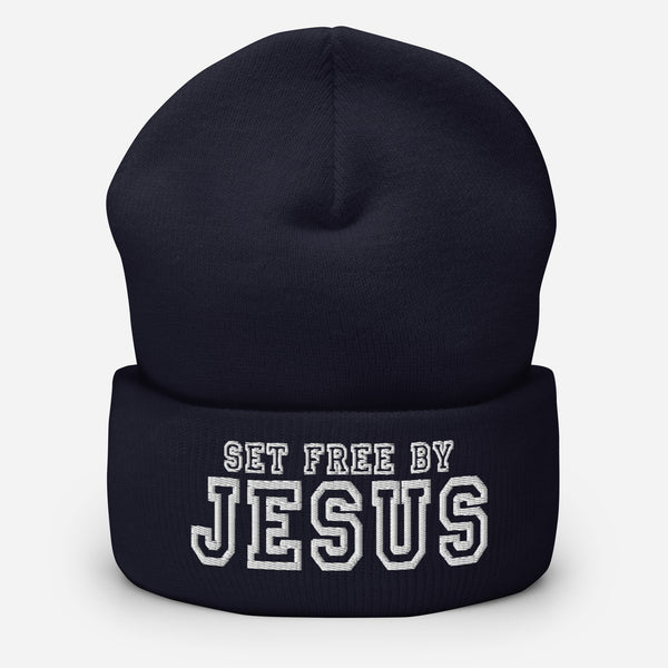 Set Free By Jesus 3 Embroidered Cuffed Beanie, Christian Beanie