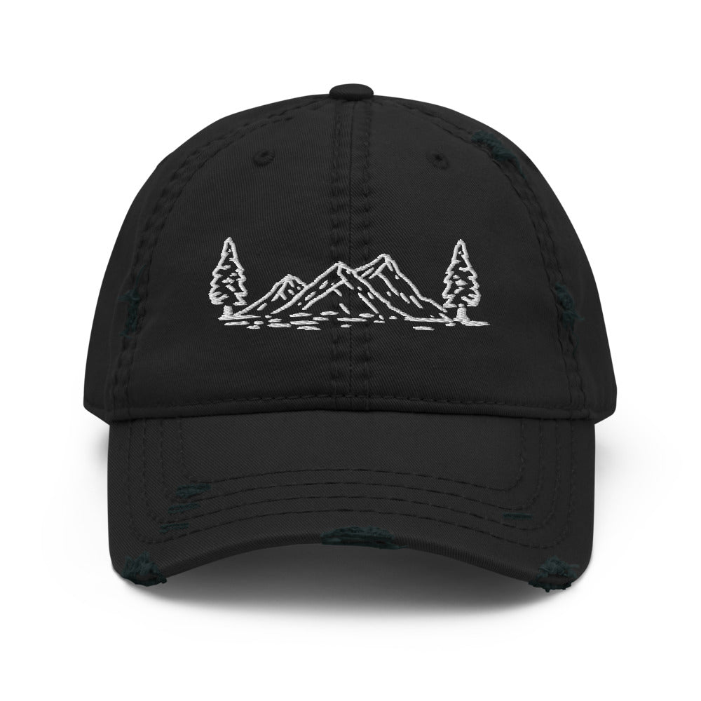 The Great Outdoors Embroidered Distressed Dad Hat - Trees, Mountains and Sunshine