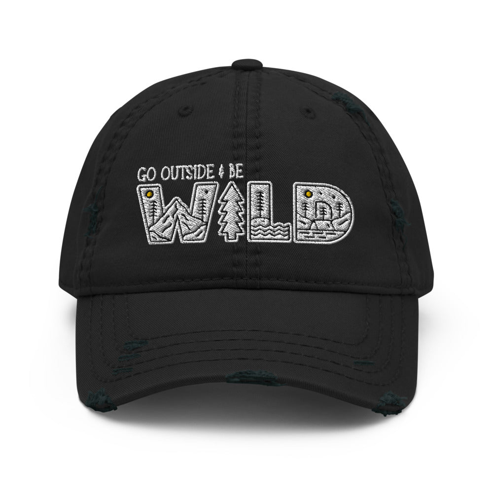 The Great Outdoors Embroidered Distressed Dad Hat - Go Outside and Be Wild Hat, Camping, Hiking, Fresh Air, Sunshine