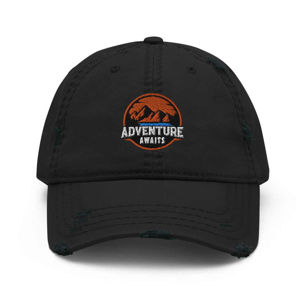 The Great Outdoors Embroidered Distressed Dad Hat - Adventure Await, Hiking Cap