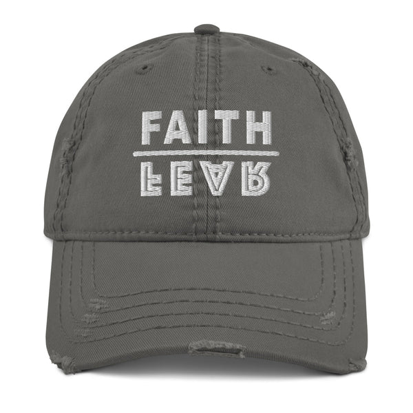 Faith Over Fear White Thread Embroidered Distressed Dad Hat - Christian Hat