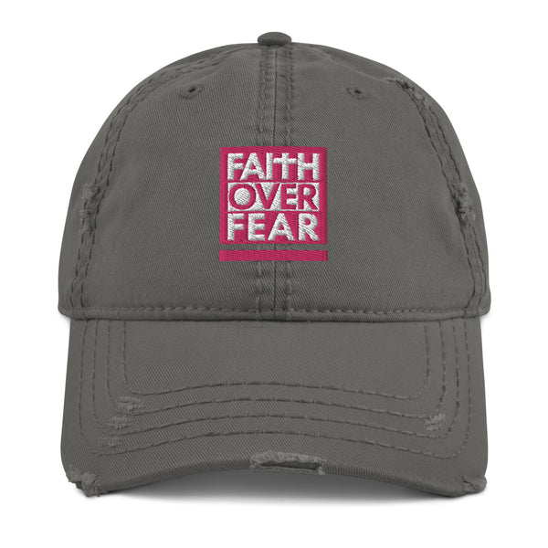 Faith Over Fear, Pink and White Embroidered Distressed Dad Hat - Christian Hat
