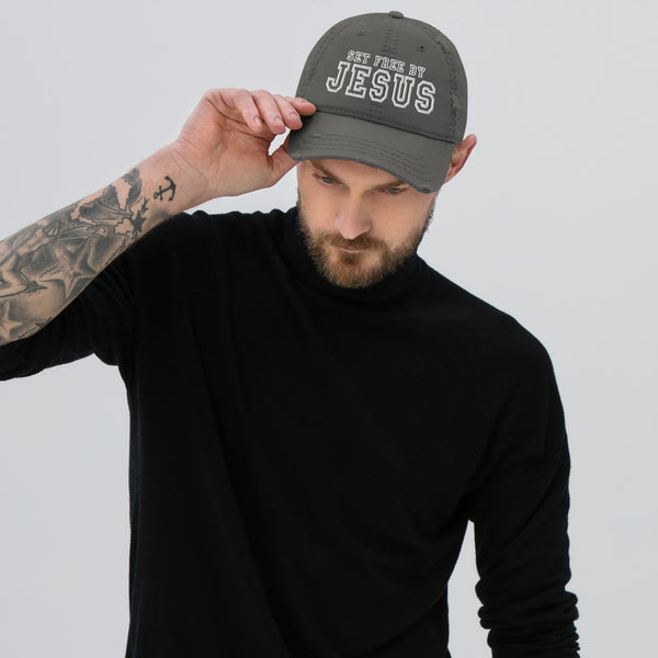 Set Free By Jesus Embroidered Distressed Dad Hat - Christian Hat