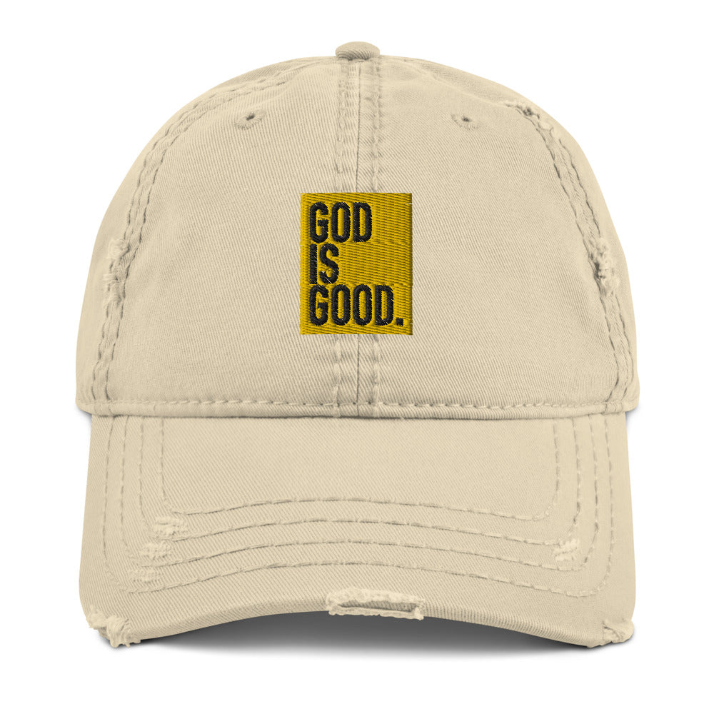 God is Good, Gold and Black Embroidered Distressed Dad Hat - Christian Hat