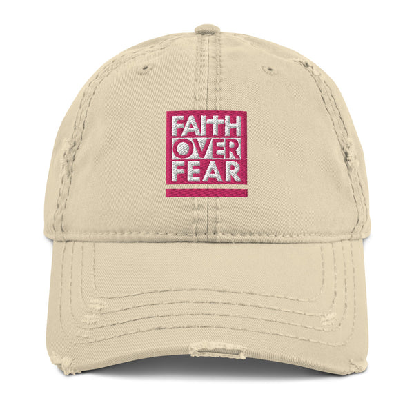 Faith Over Fear, Pink and White Embroidered Distressed Dad Hat - Christian Hat