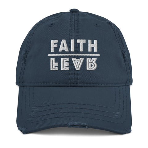 Faith Over Fear White Thread Embroidered Distressed Dad Hat - Christian Hat