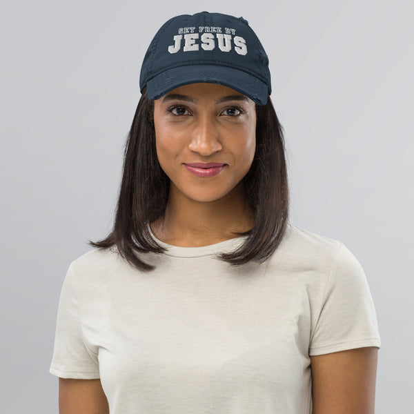 Set Free By Jesus Fill Embroidered Distressed Dad Hat - Christian Hat