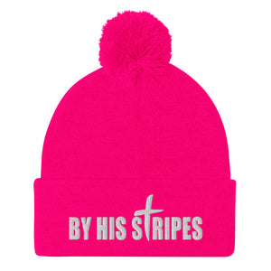 By His Stripes Embroidered Pom-Pom Beanie, Christian Beanie