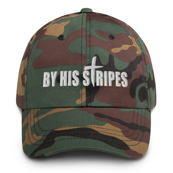 By His Stripes, Cross, White Thread Embroidered Dad Hat - Christian Hat