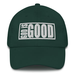 God Is Good, White Thread Embroidered Dad Hat - Christian Hat