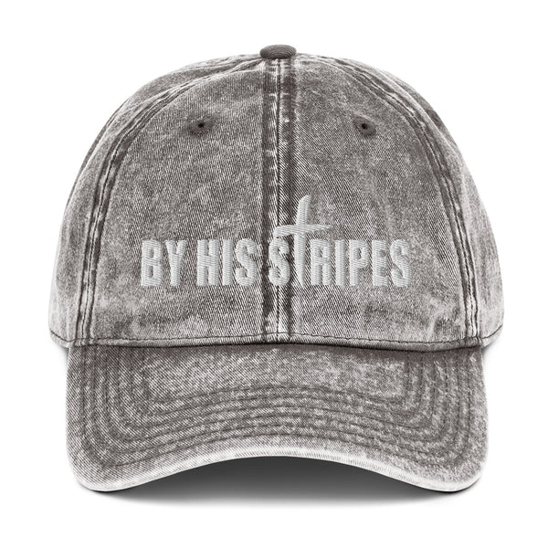 By His Stripes, Cross, White Thread Embroidered Vintage Cotton Twill  Hat - Christian Hat
