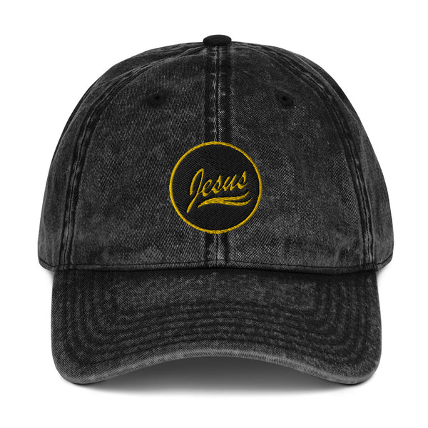 Jesus, Black and Gold Embroidered Vintage Cotton Twill Cap - Christian Hat
