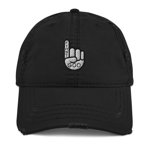 God F1rst, God First, Black and White Embroidered Distressed Dad Hat - Christian Hat