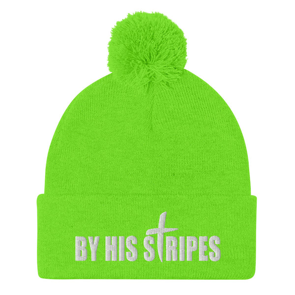 By His Stripes Embroidered Pom-Pom Beanie, Christian Beanie