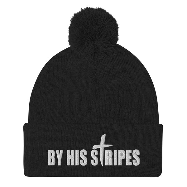 By His Stripes Embroidered Pom-Pom Beanie, Christian Beanie