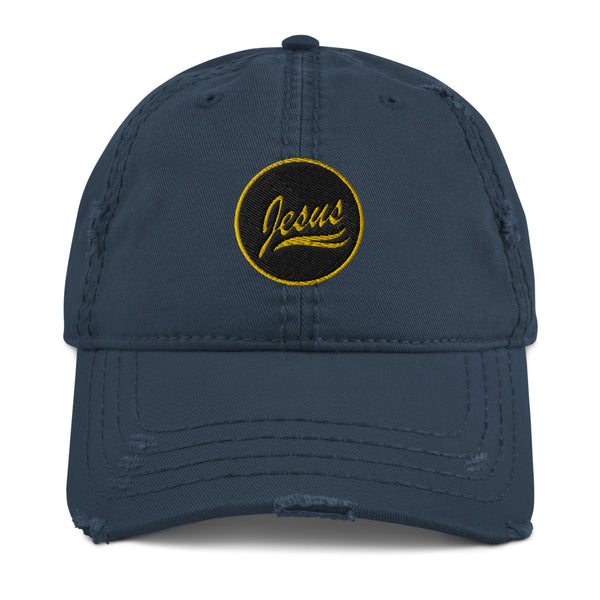Jesus, Black and Gold Embroidered Distressed Dad Hat - Christian Hat