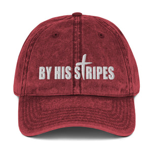 By His Stripes, Cross, White Thread Embroidered Vintage Cotton Twill  Hat - Christian Hat