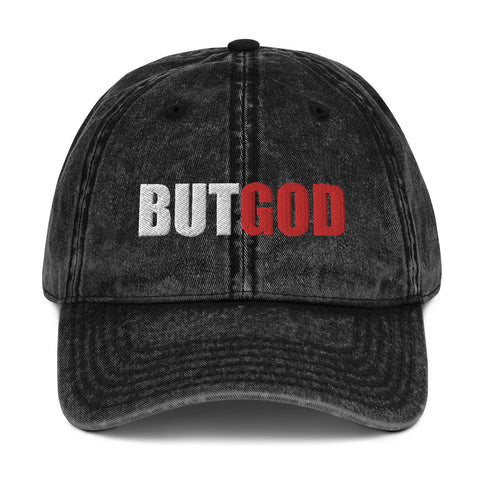 But God, White and Red Thread Embroidered Vintage Cotton Twill  Hat - Christian Hat