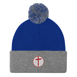 Circled Cross Embroidered Pom-Pom Beanie, Christian Beanie