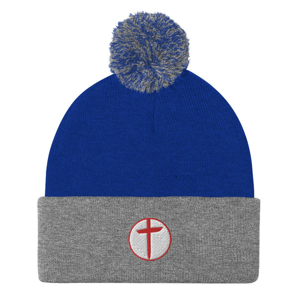 Circled Cross Embroidered Pom-Pom Beanie, Christian Beanie