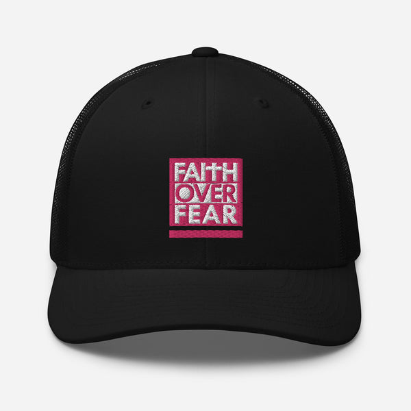 Faith Over Fear, Pink and White Embroidered Trucker Cap - Christian Hat