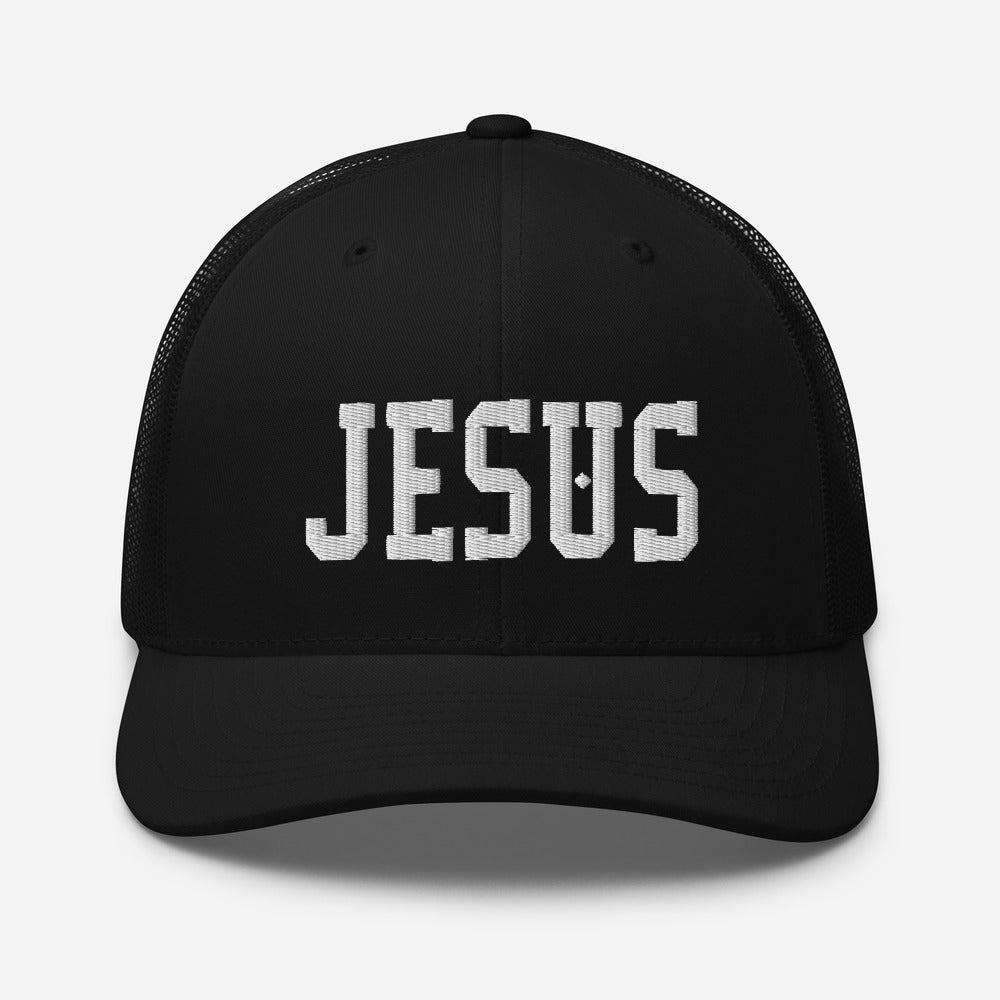 Jesus, White Thread Embroidered Trucker Cap - Christian Hat