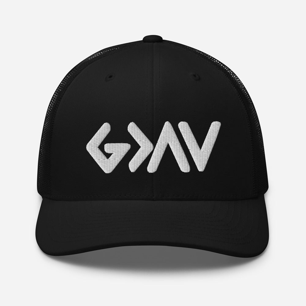 God Greater Than The Highs and Lows, White Embroidered Trucker Cap - Christian Hat