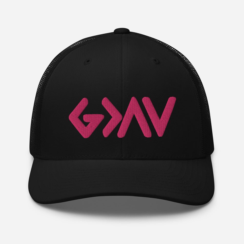 God Greater Than Highs and Lows, Pink Thread Embroidered Trucker Cap - Christian Hat