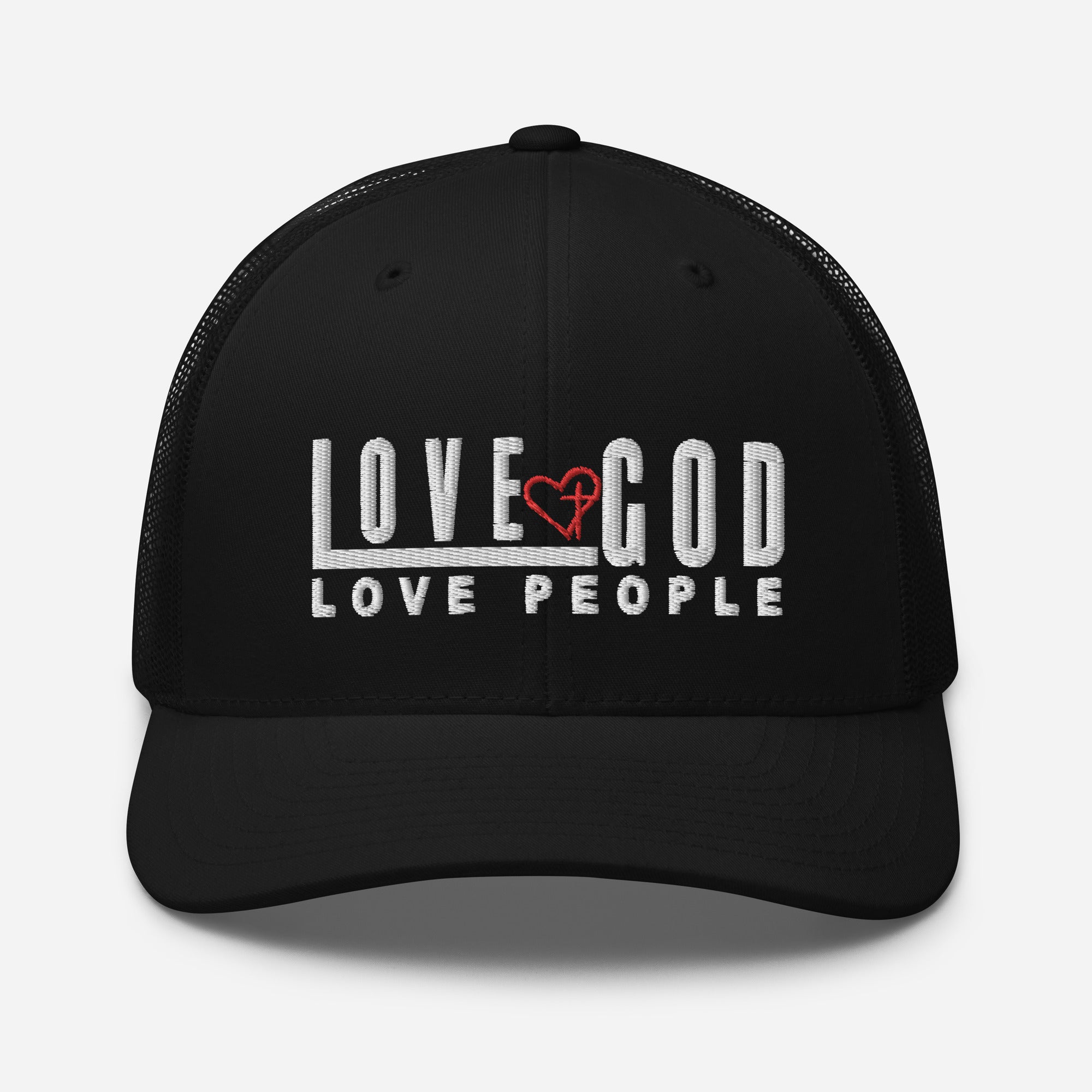 Love God Love People White and Red Thread Embroidered Trucker Cap - Christian Hat