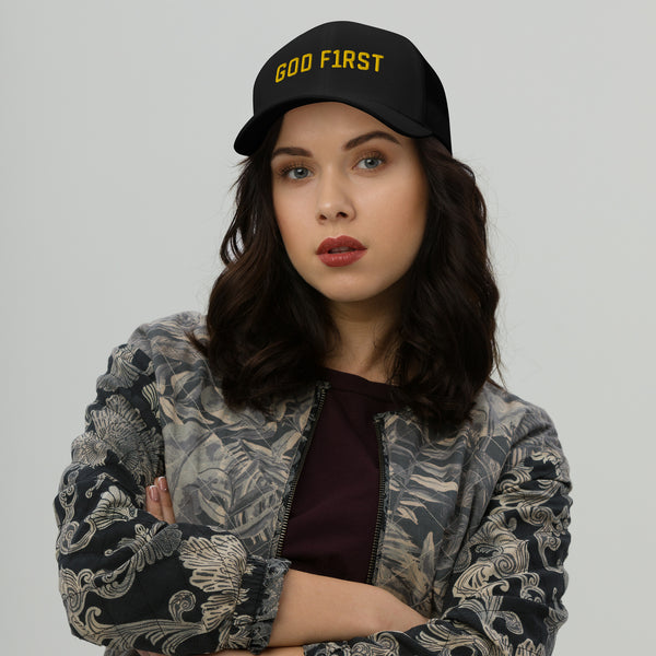 God F1rst (God First), Gold Embroidered Trucker Cap