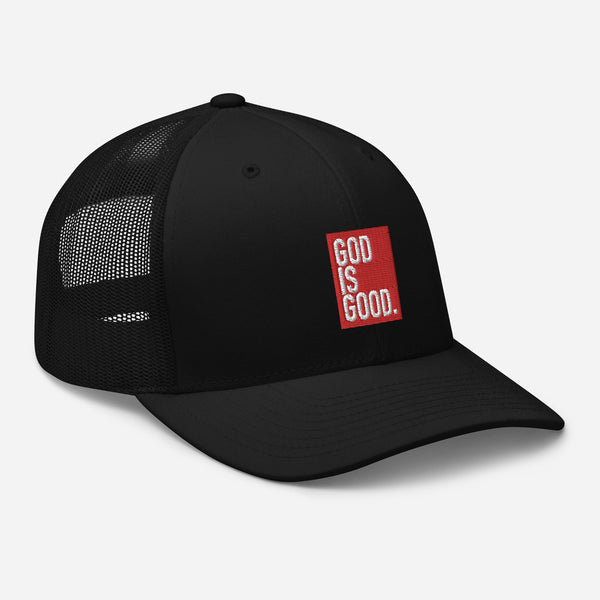 God Is Good, Red and White Embroidered Trucker Cap - Christian Hat