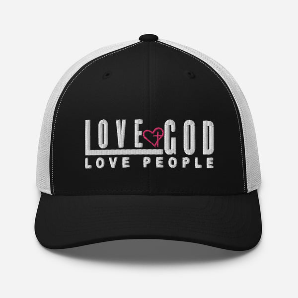 Love God Love People, White and Pink Thread Embroidered Trucker Cap - Christian Hat