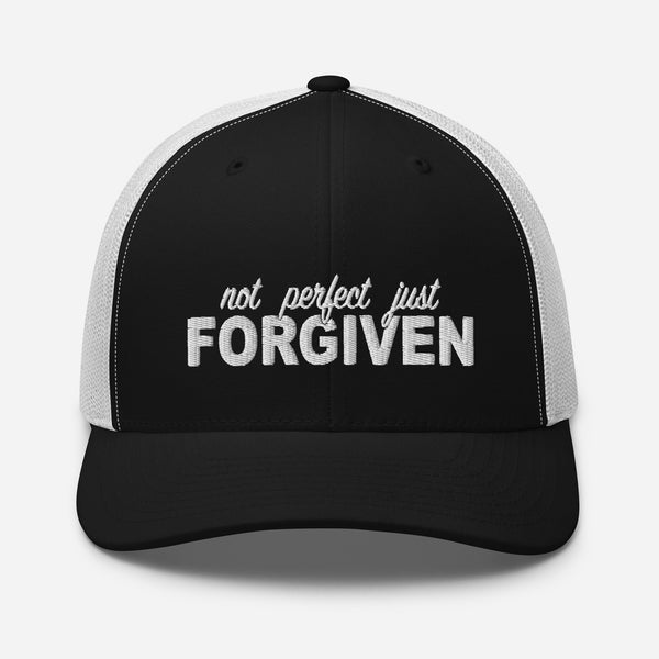 Not Perfect Just Forgiven White Thread Embroidered Trucker Cap